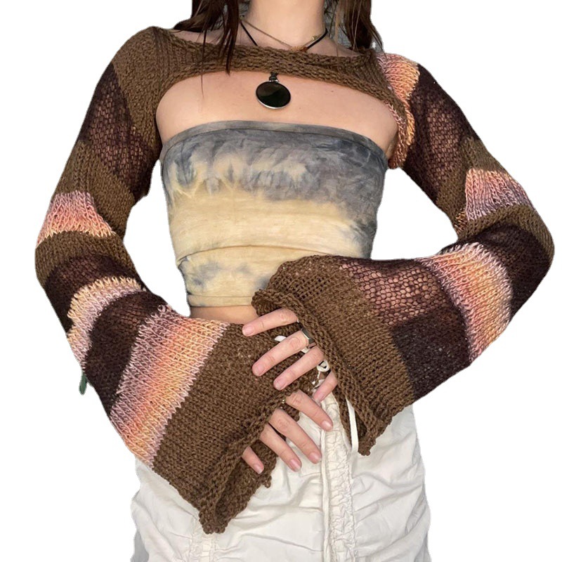 Color-Block Flared-Sleeve Cropped Knit Top