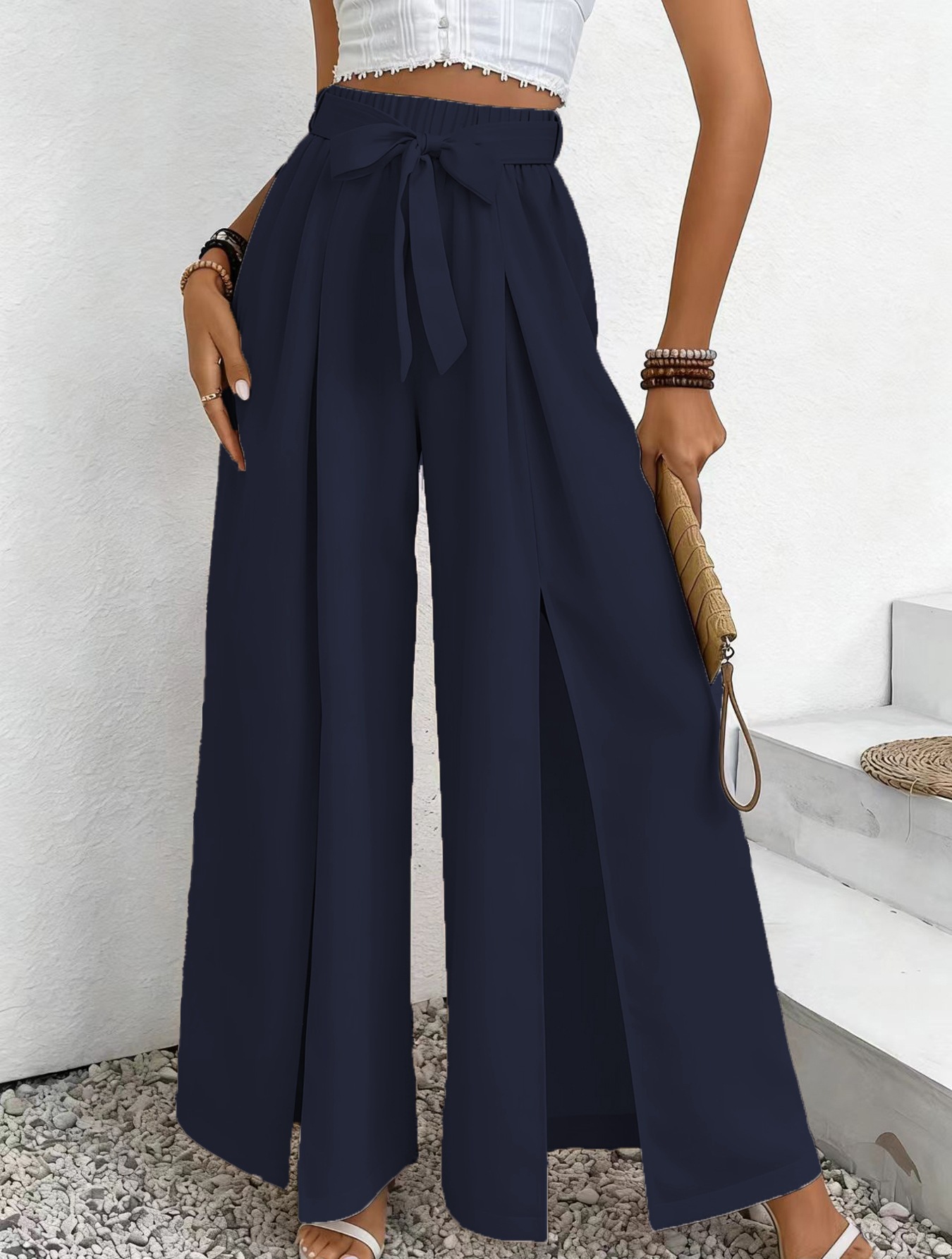 High-Waist Tie-Front Split Wide-Leg Pants with Elastic Waist