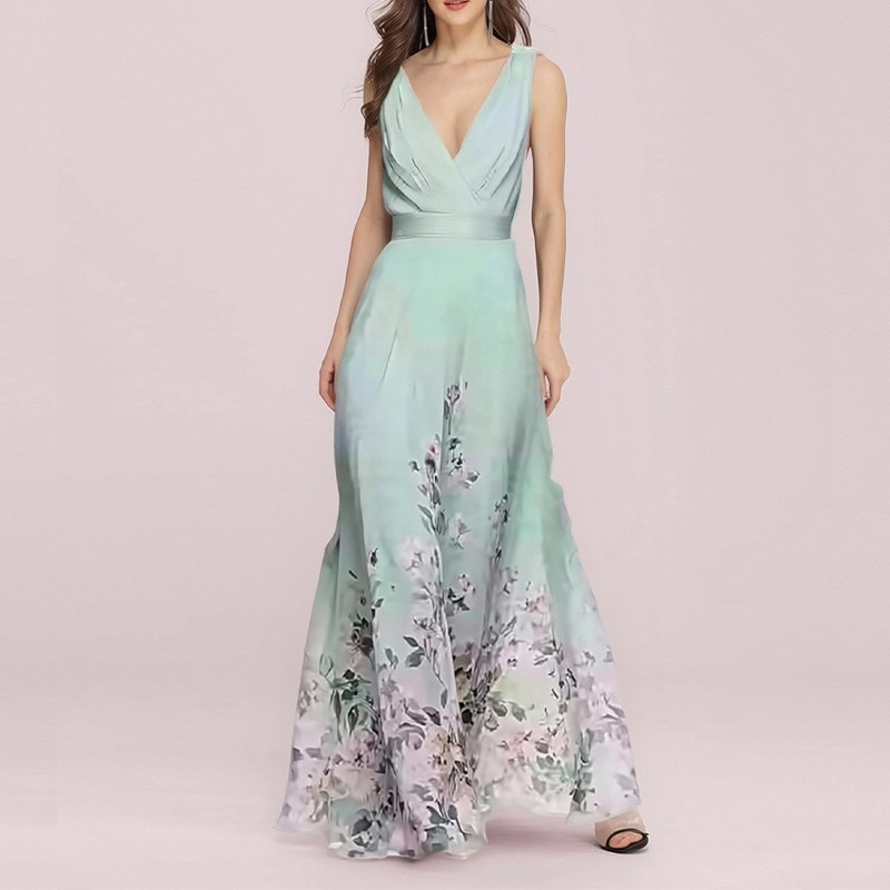 Women's Botanical Print V-Neck Sleeveless A-Line Maxi Dress