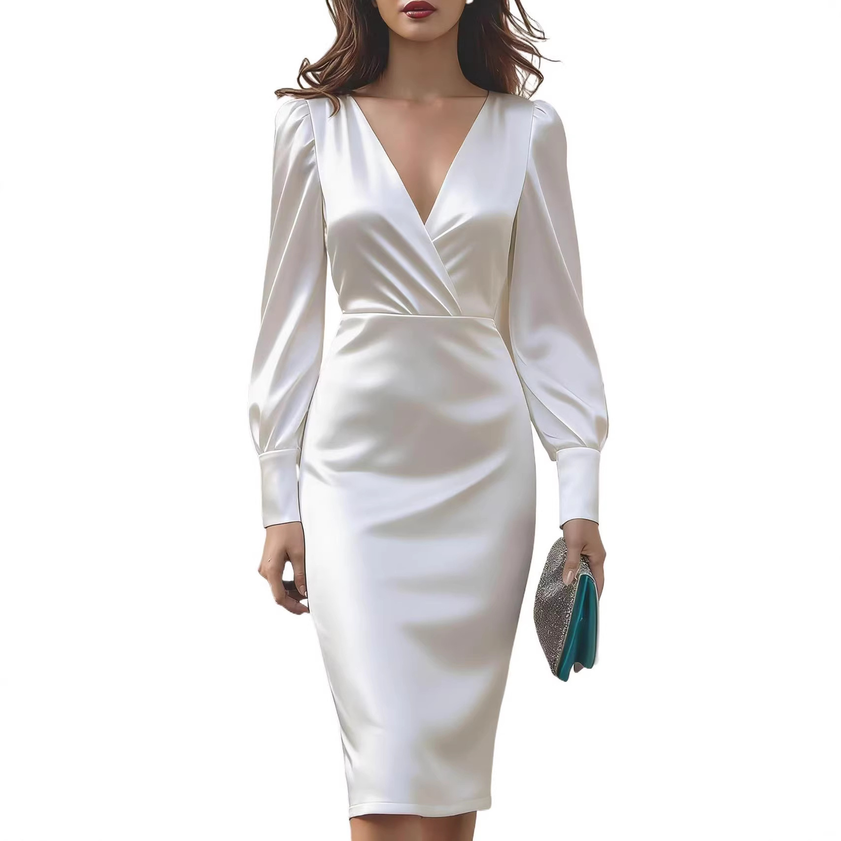 Satin Solid Color V-Neck Long Sleeve Bodycon Midi Dress