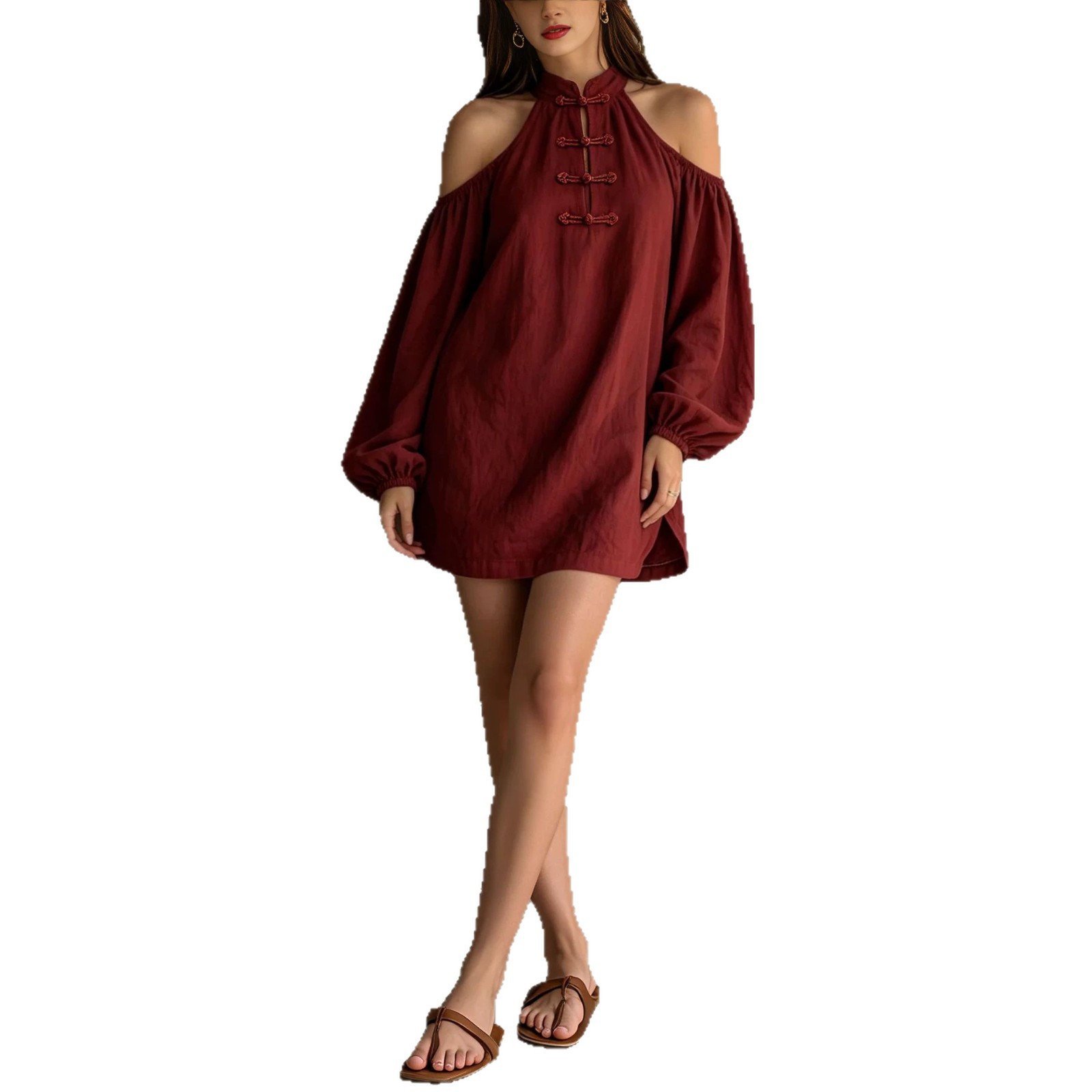 Women's Off-Shoulder Long Sleeve Solid Color Loose Cotton Linen Dress