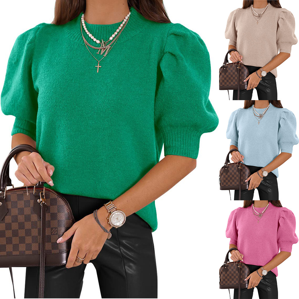 Women's Casual Crewneck Puff Sleeve Sweater Solid Short Sleeve