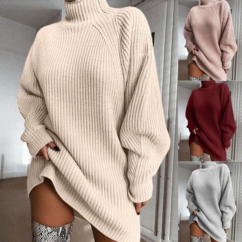Women's Solid Knit Sweater Dress with Raglan Sleeves and Half Turtleneck, Mid-Length
