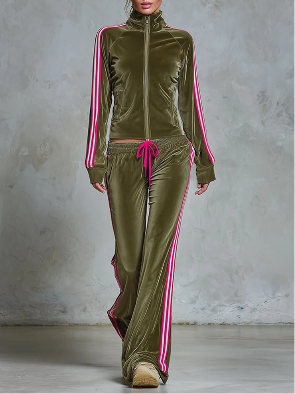 Women's Velvet Tracksuit Set High Neck Zip Jacket & Wide Leg Pants 2-Piece