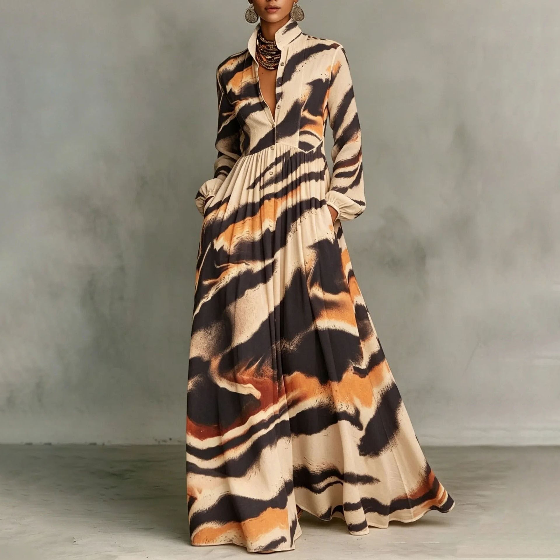 French Style Printed Long Dress with Collar, Loose Casual Vacation Dress