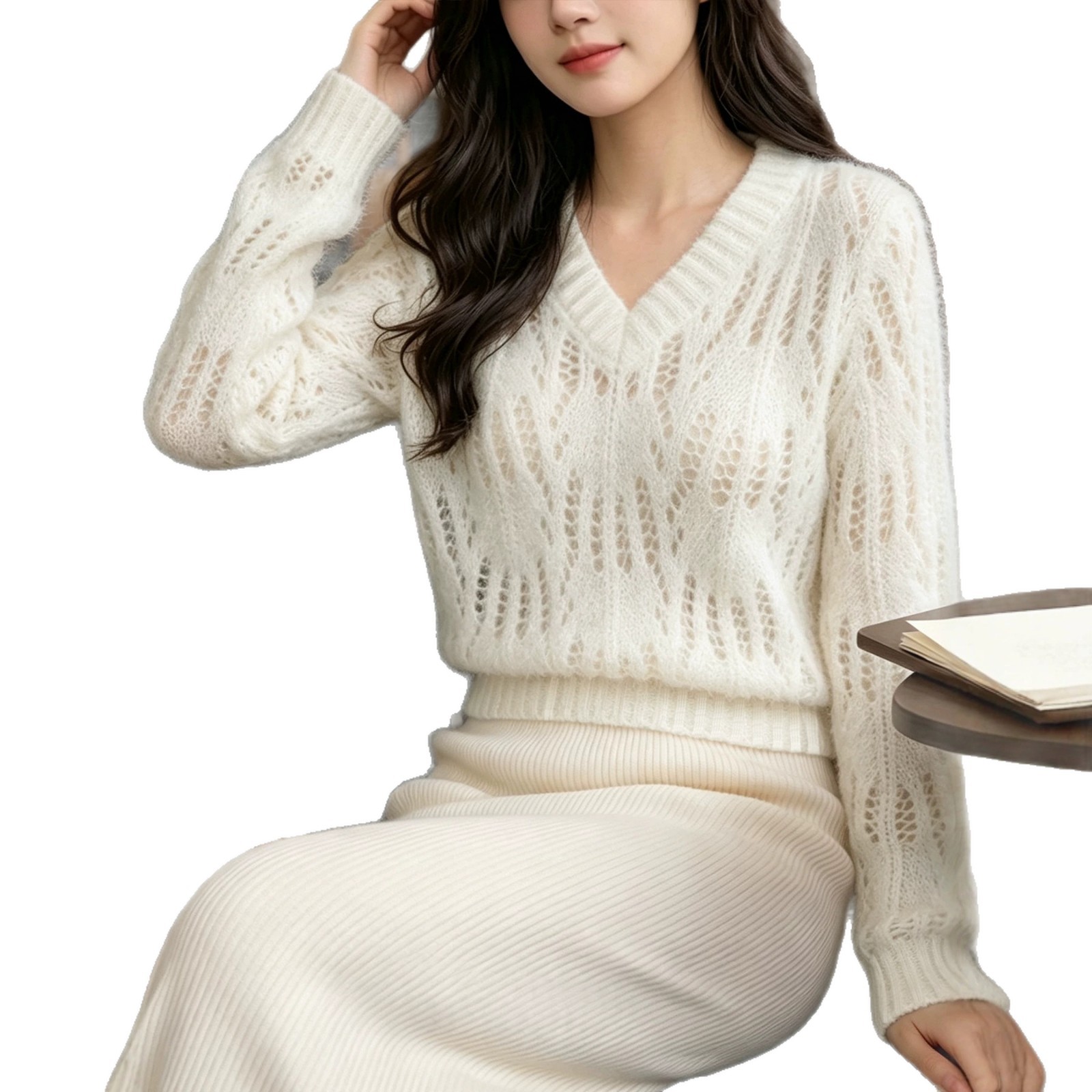 Women's Openwork Pullover Knit Sweater Long Sleeve Ribbed Trim Soft Fuzzy