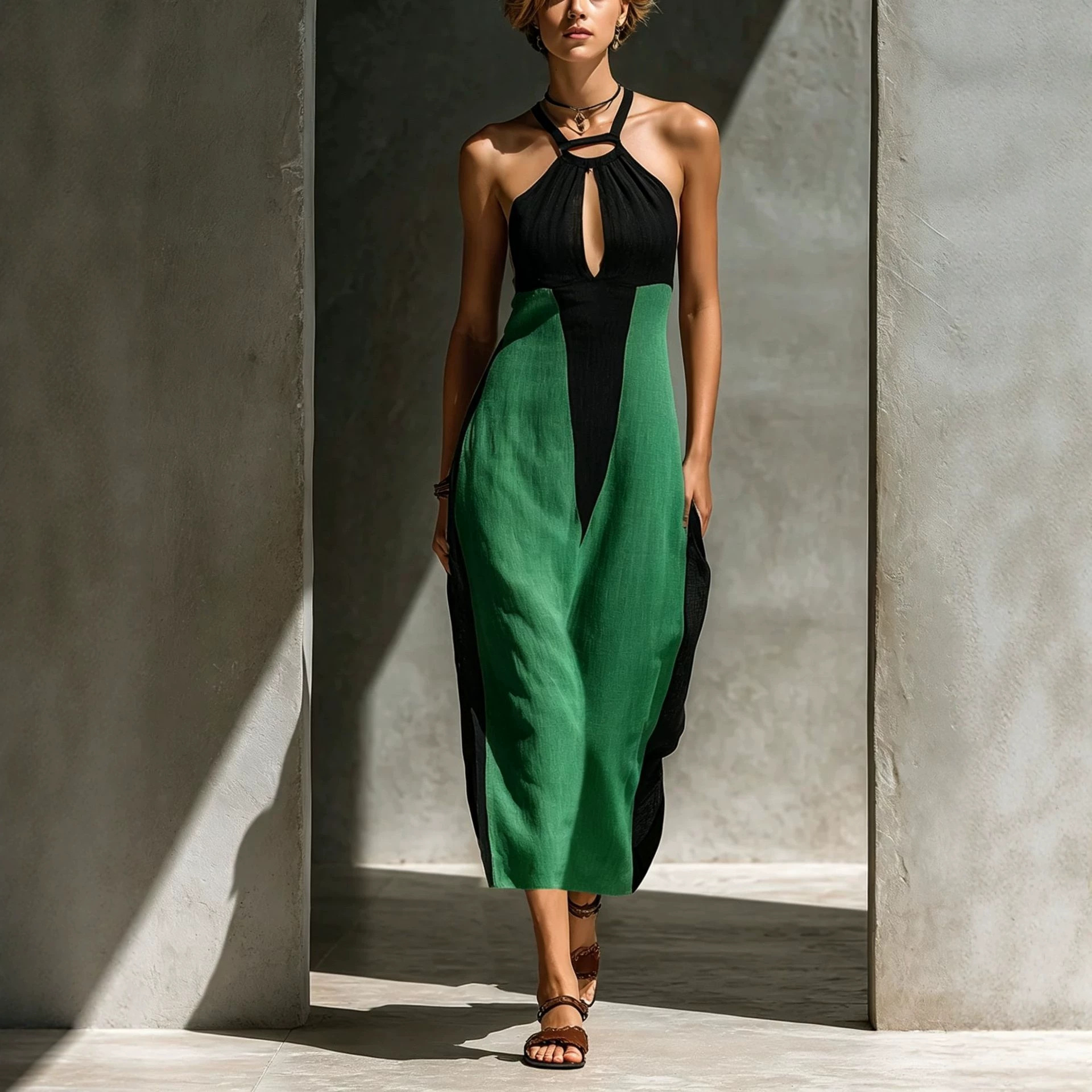 Women's Sleeveless Linen Blend Maxi Dress Colorblock Cutout Slim Fit Vacation