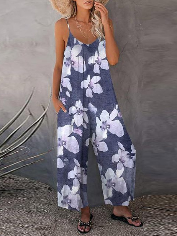 Women's Printed Sleeveless Wide-Leg Jumpsuit with Pockets