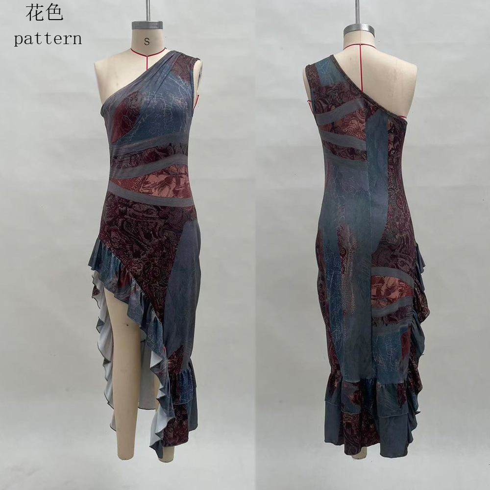 Retro Patchwork Print Asymmetric High Slit Bodycon Maxi Dress