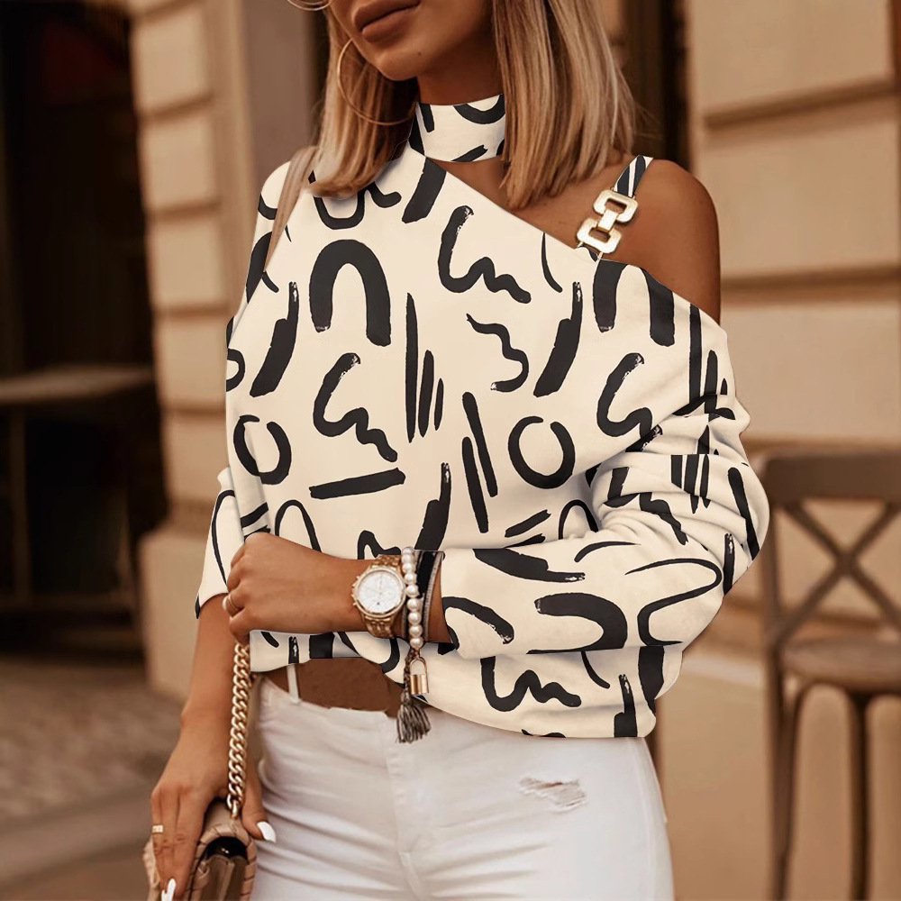 Women's Long Sleeve Chain Halter Neck Printed Button-Detail Top