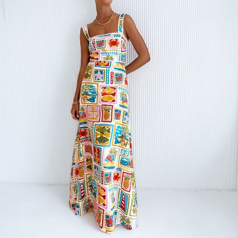 Women's Floral Print Cami Dress High Waist Square Neck Maxi
