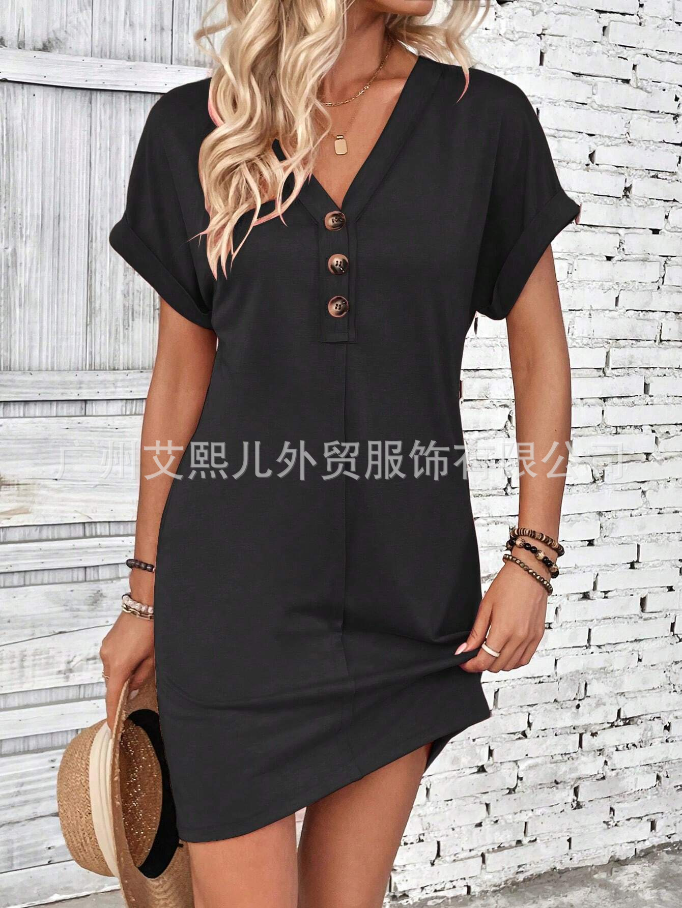 Women's V-Neck Button Short Sleeve Solid Color Midi Dress