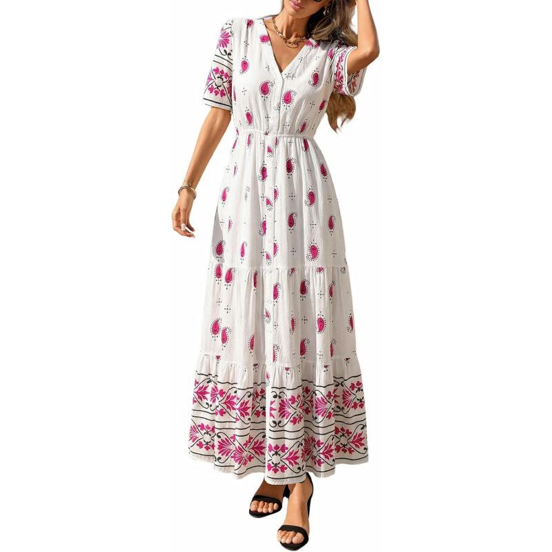 Bohemian V-Neck Short Sleeve Midi Dress Floral Print