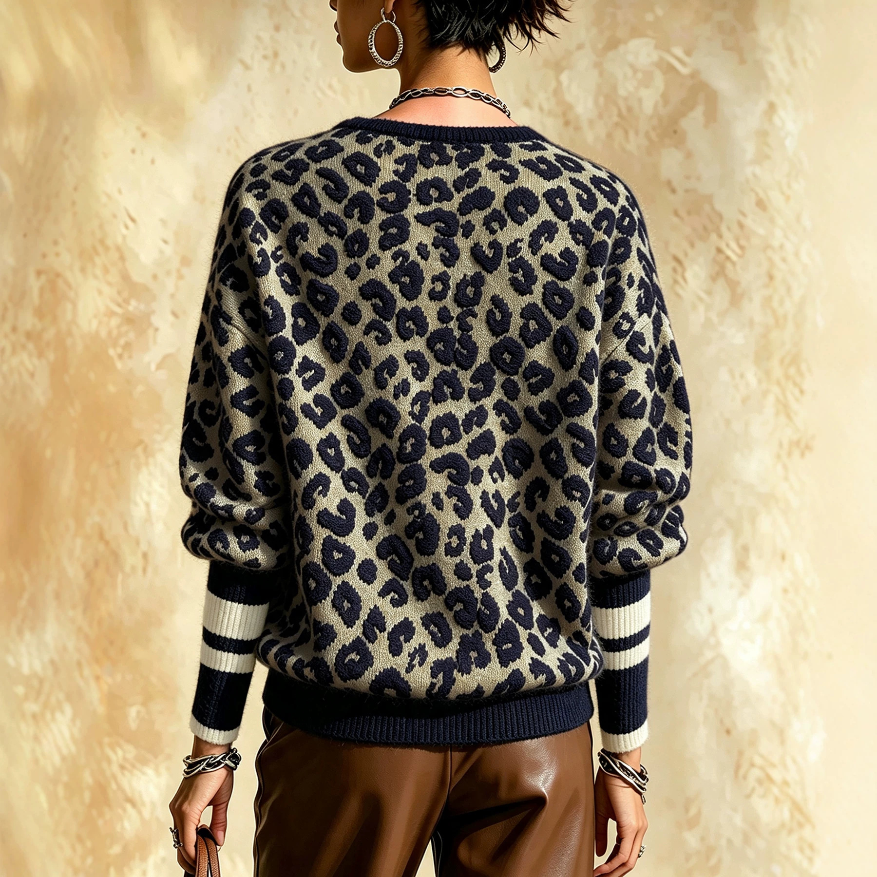 Women's Leopard Jacquard Knit Sweater V-Neck Striped Cuffs Loose Fit