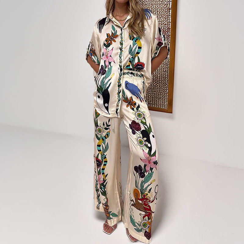Women's Printed Collared Button-Front Shirt and Pants Casual Set