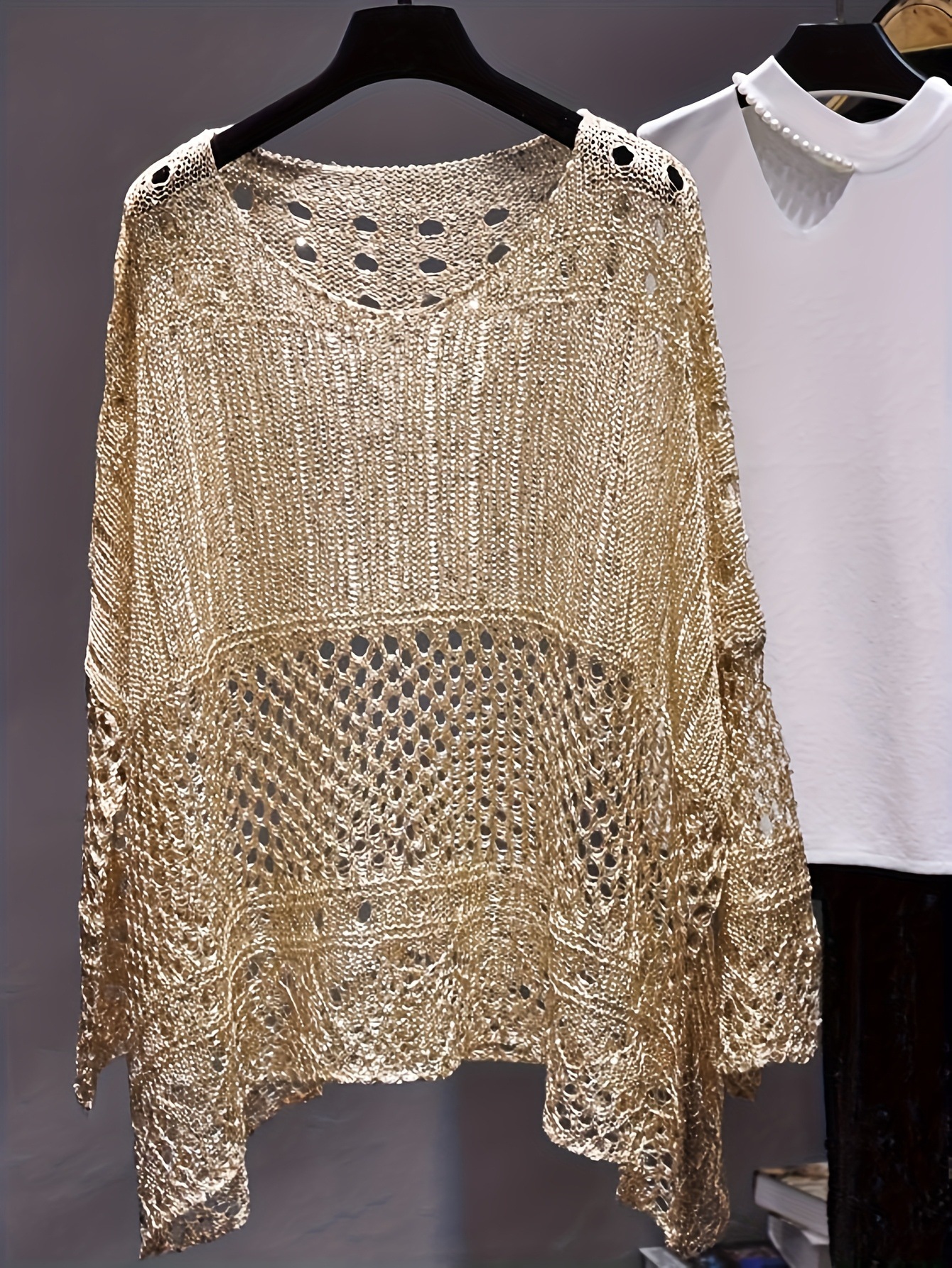 Women's Plus Size Hollow-Out Pointelle Knit Sweater