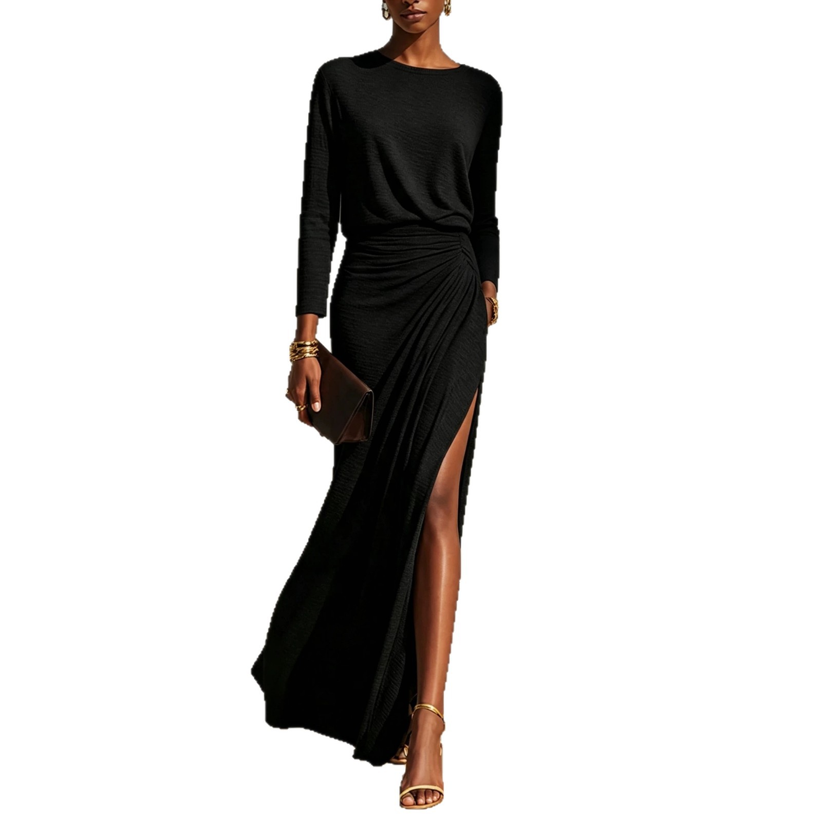 Elegant Long Sleeve Twist Waist Ruched Side Slit Party Evening Dress