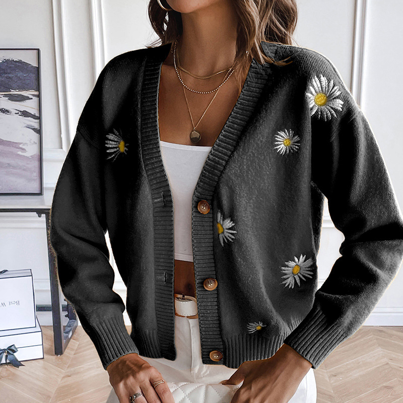 Daisy Embroidered V-Neck Cardigan Sweater