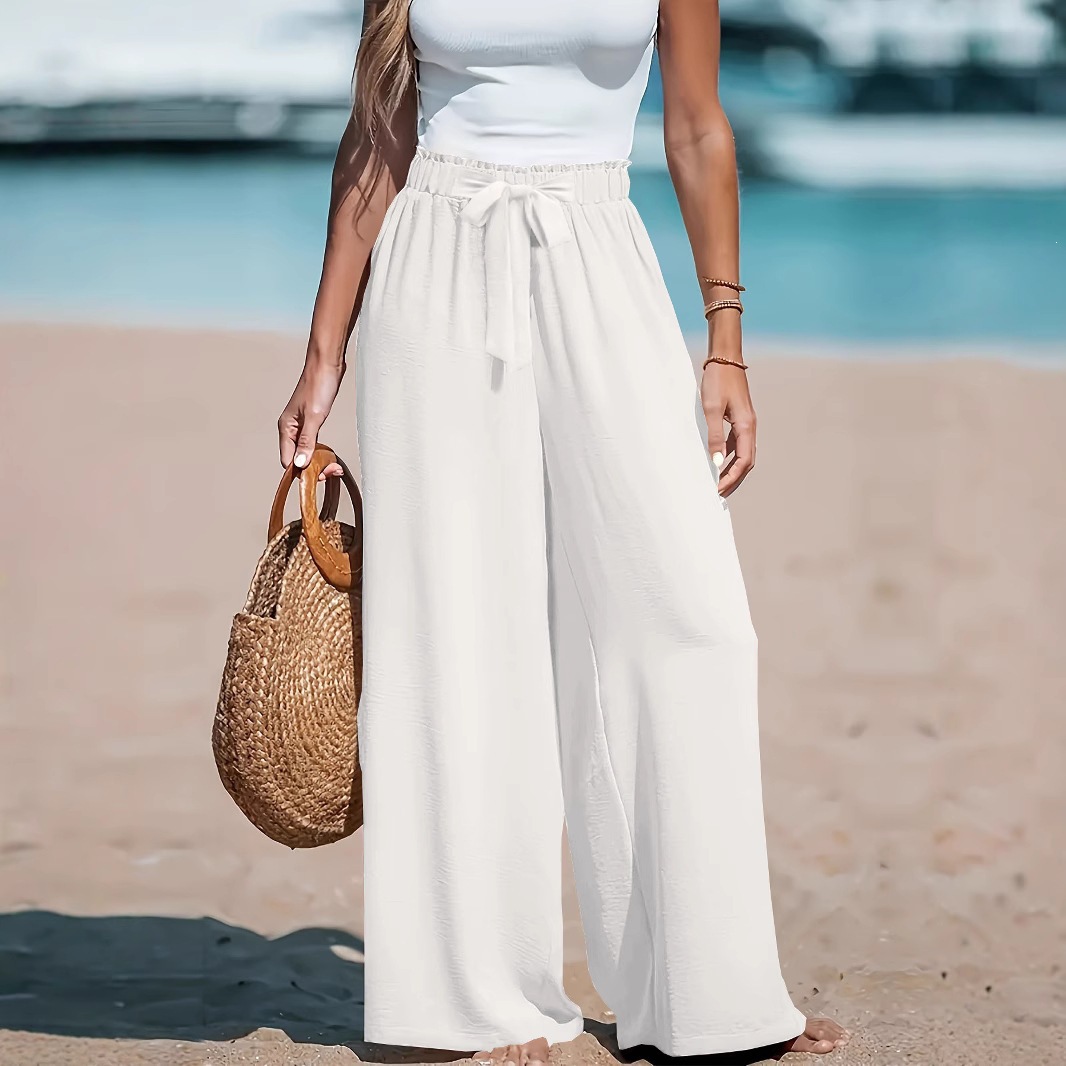 High-Waist Wide-Leg Tie Pants Loose Drapey Commute Casual