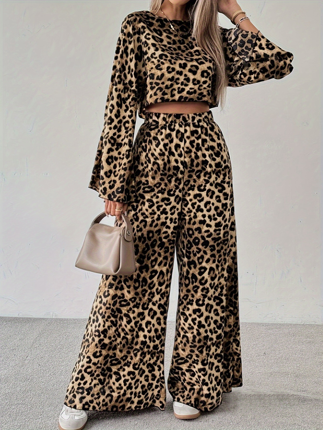 Leopard Print Long Sleeve Top and Pants Two-Piece Set