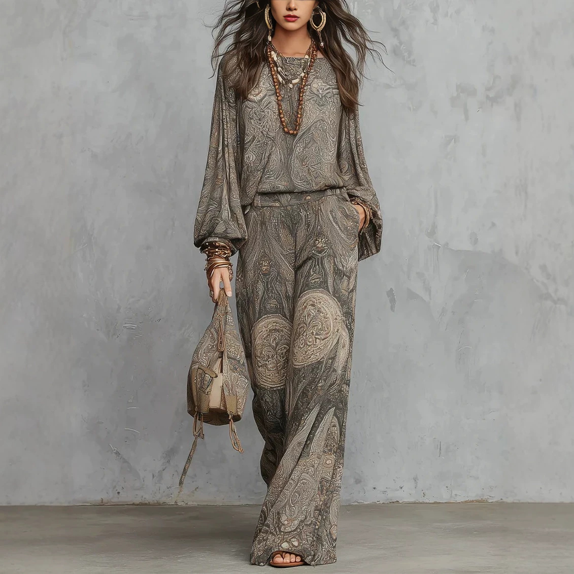 Paisley Print Two-Piece Set with Long Sleeve Top and High-Waist Long Skirt