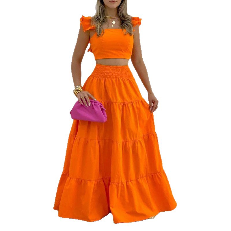 Women's Short Sleeve Top and Solid Midi Skirt Two-Piece Set