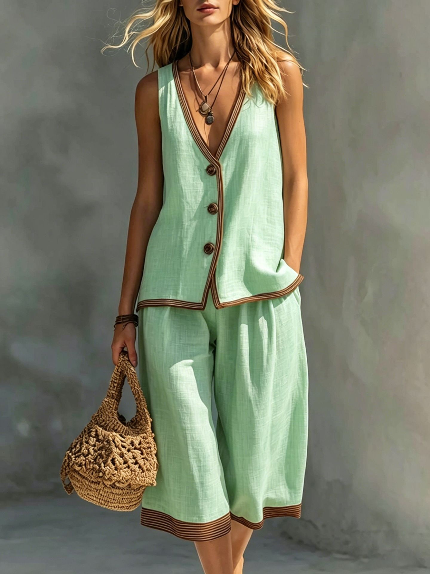 Women's Summer Casual Solid Button Vest Cardigan & Shorts Set