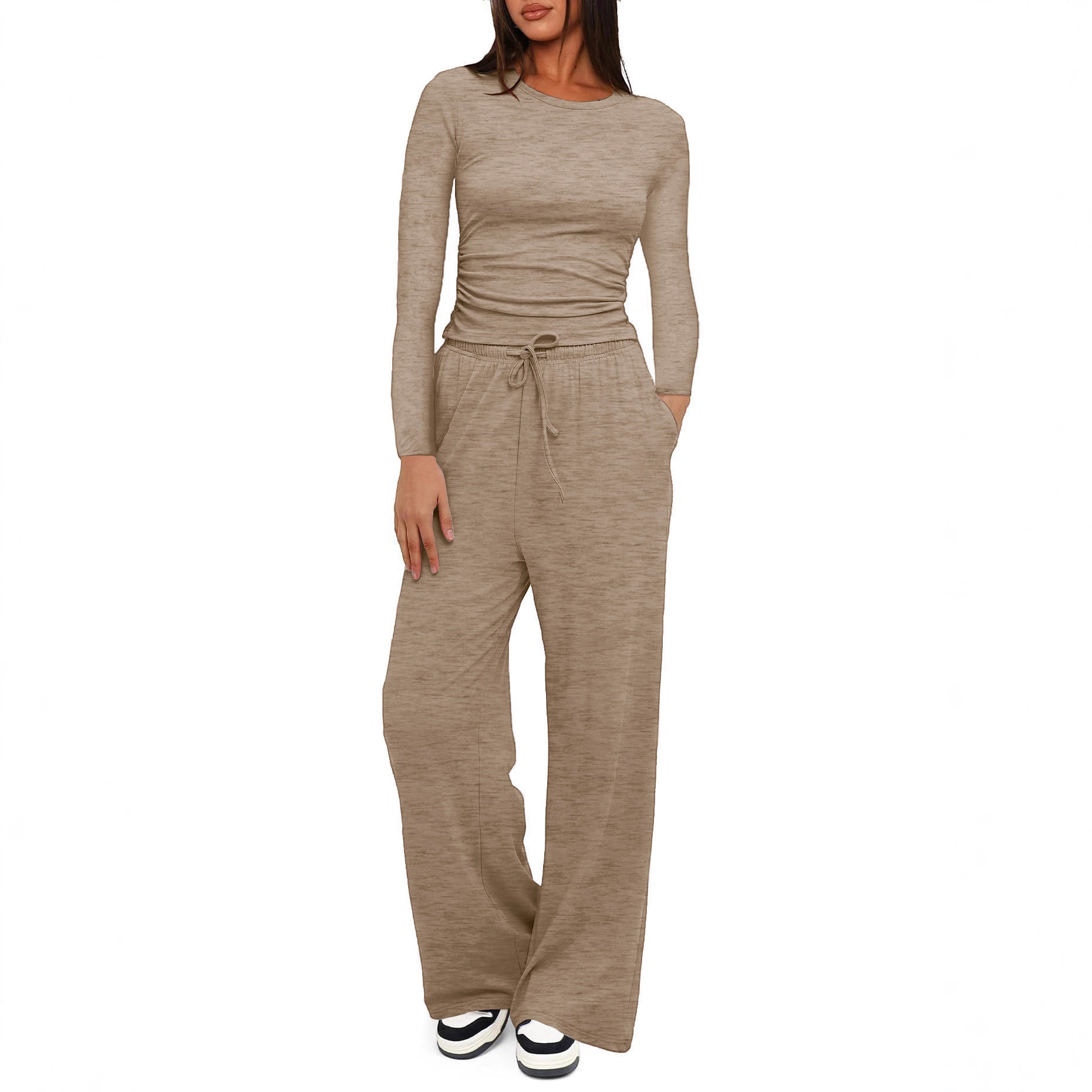 Solid Color Long Sleeve Top & High-Waist Wide-Leg Pants Set