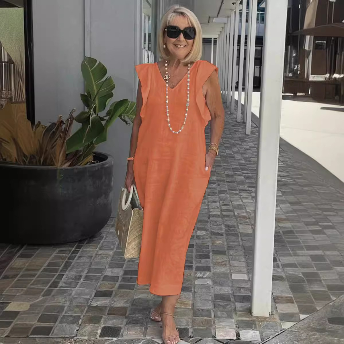 Women's Summer Cotton-Linen Dress with Back Tie and Flutter Sleeves