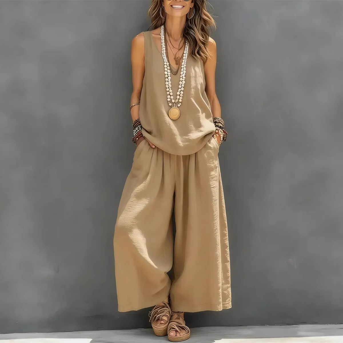 Women's Cotton-Linen V-Neck Tank Top and Pants Two-Piece Set