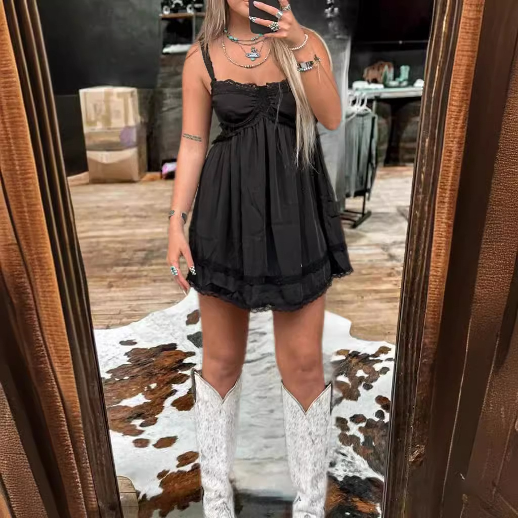 Women's Sleeveless Lace Trim Cami Dress Solid Color