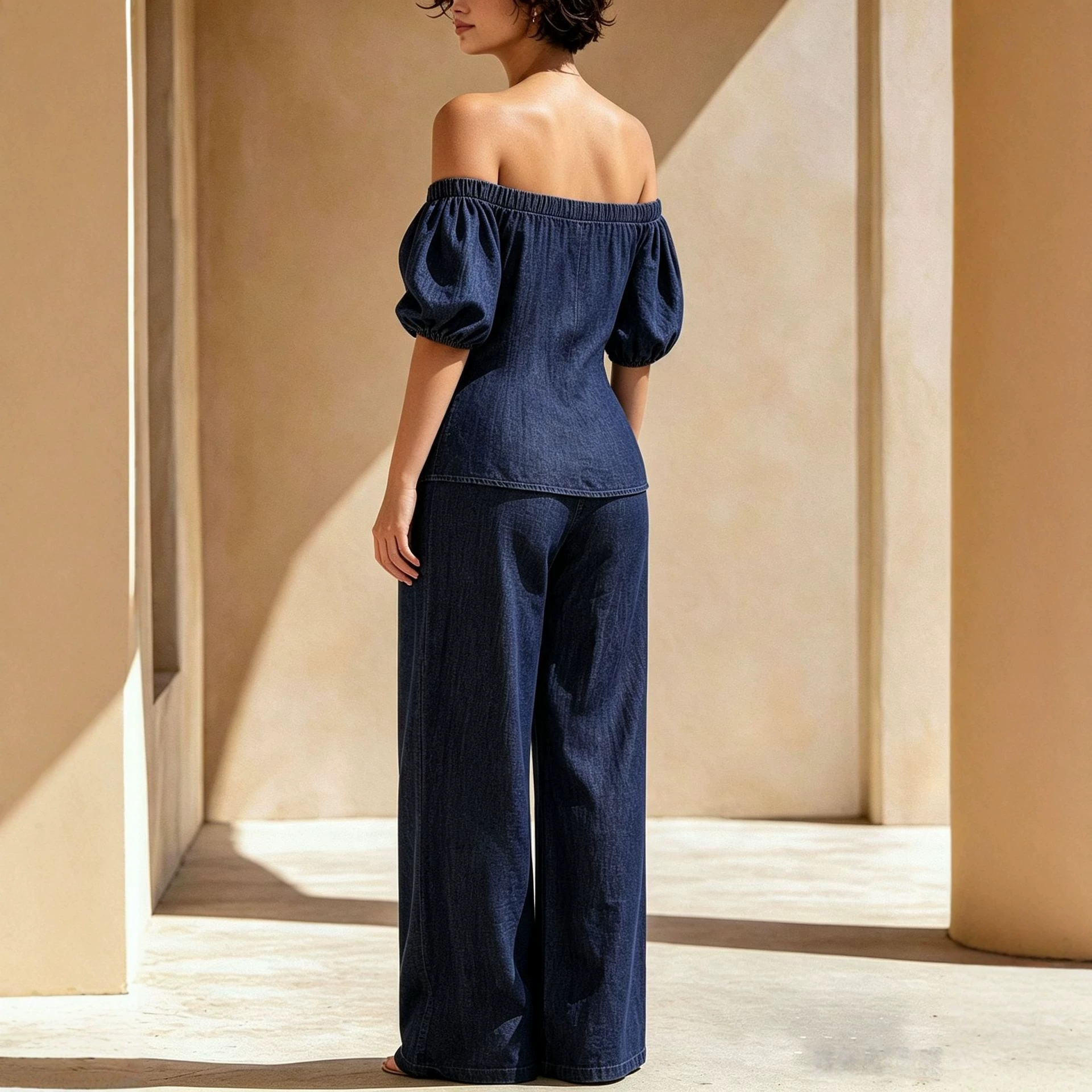 Women's Off-Shoulder Short-Sleeve Cropped Shirt and Tie-Waist Wide-Leg Pants Set