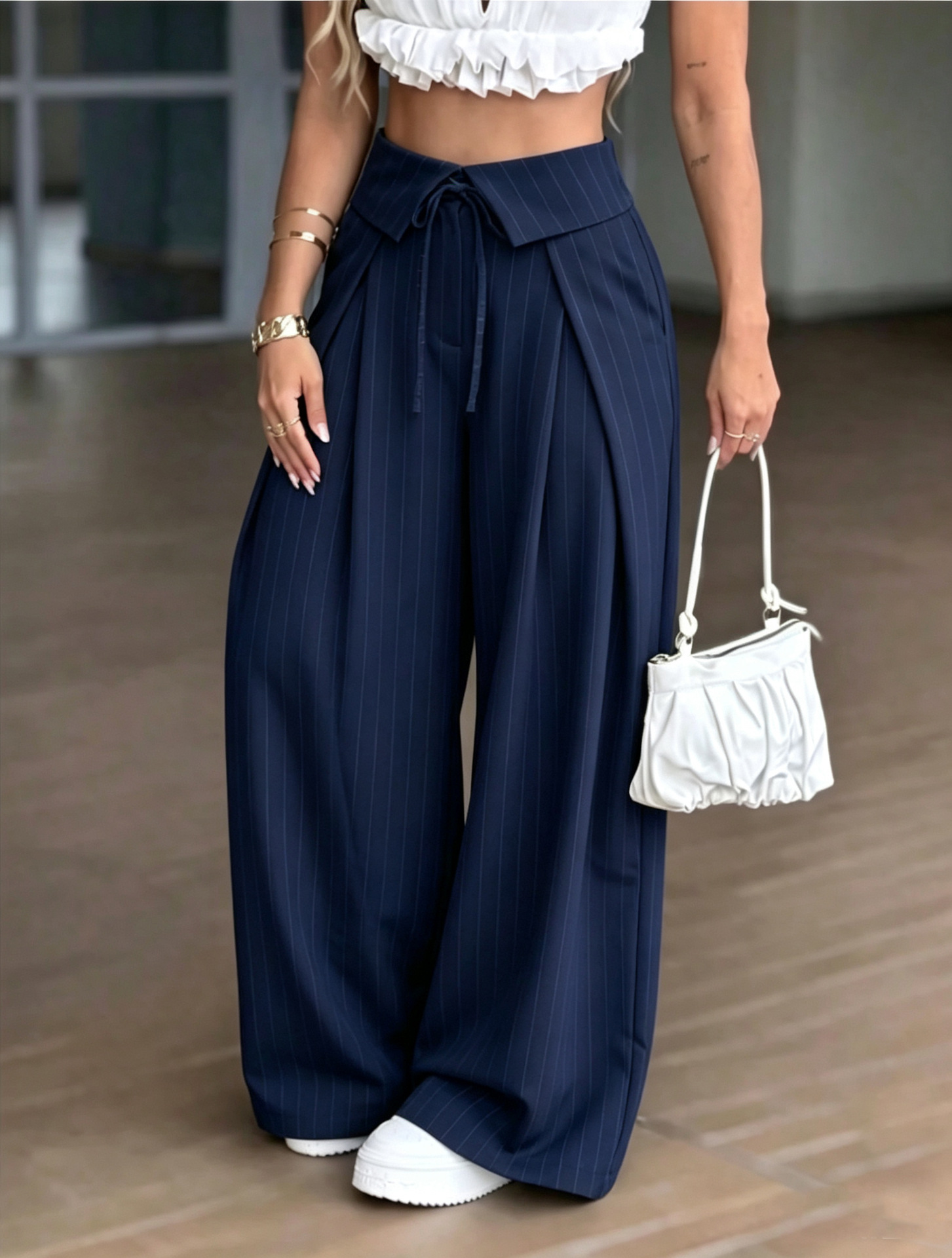 High-Waist Striped Wide-Leg Suit Pants Casual Trousers