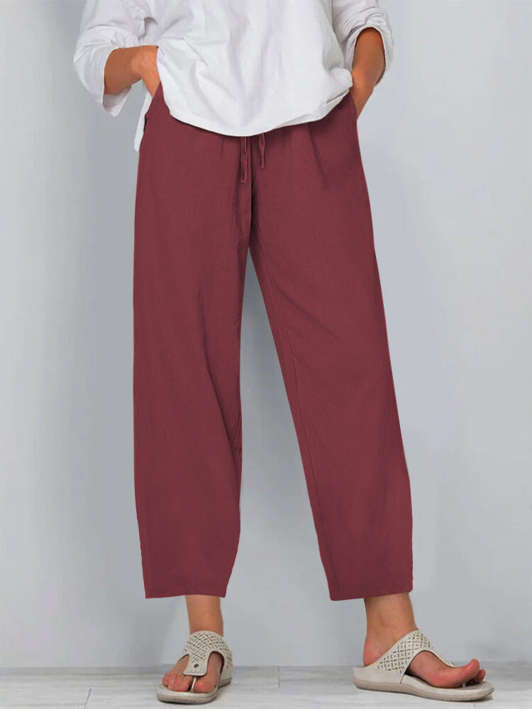 Women's Cotton-Linen Wide-Leg Pants with Elastic Waist Solid Color Casual Long Pants