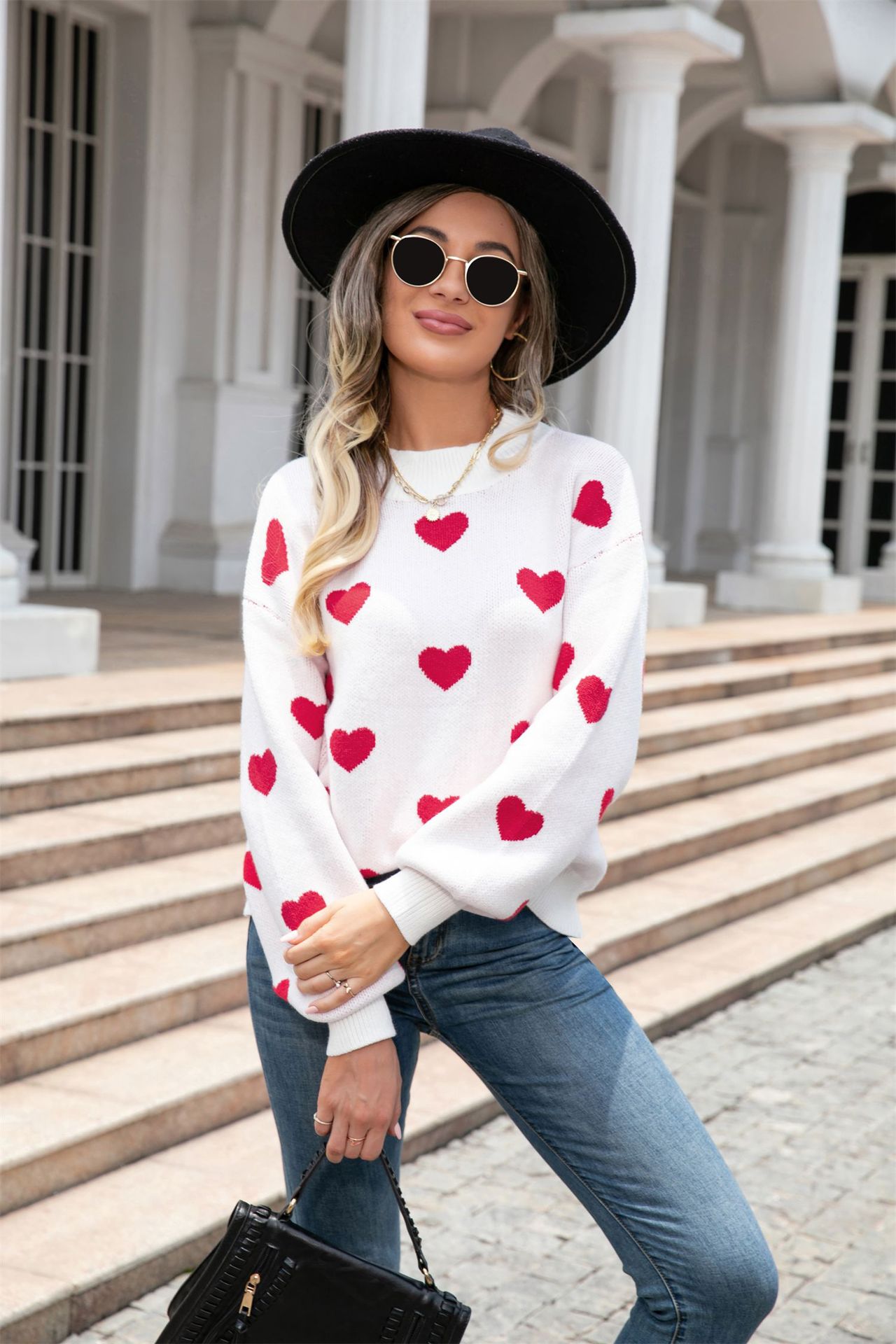 Women's Heart Knit Sweater Crew Neck Long Sleeve Pullover