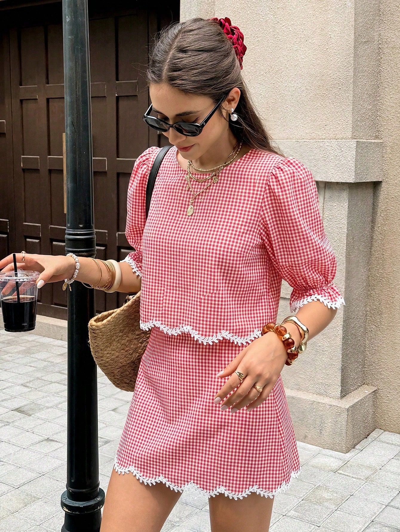Sweet Plaid Two-Piece Set with Lace Asymmetrical Hem Skirt