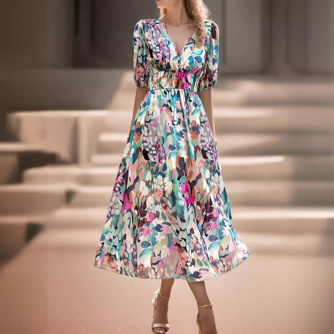 V-Neck Floral Print High-Waist A-Line Midi Dress
