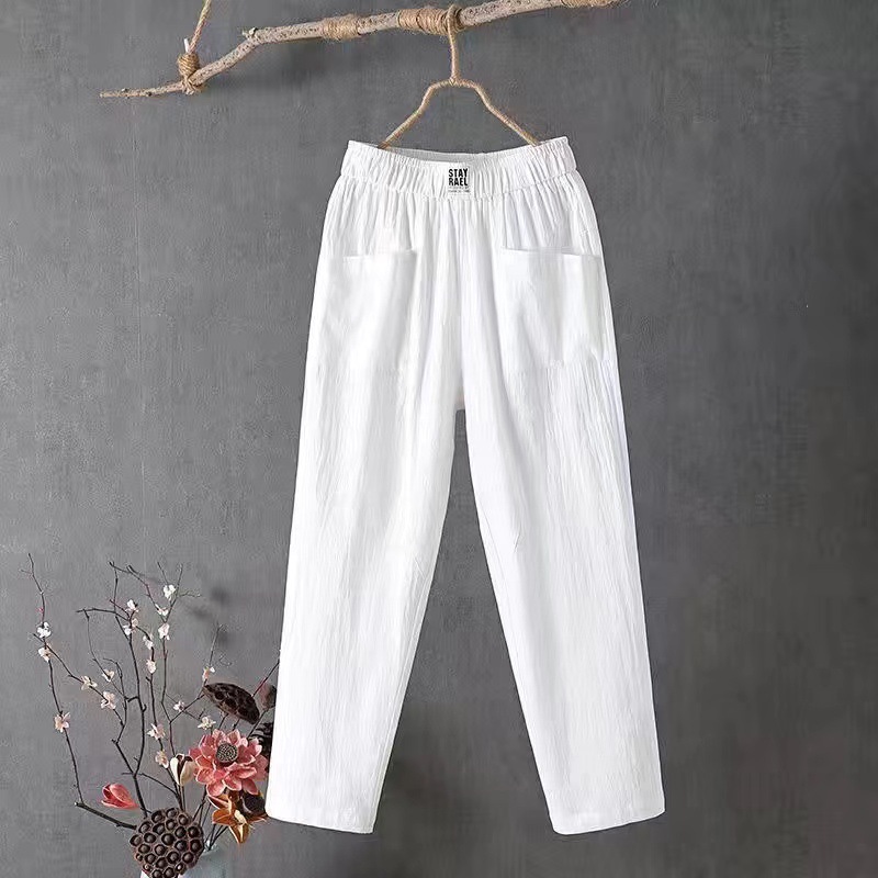Women's Cotton Linen Straight-Leg Cropped Pants Casual Solid Color