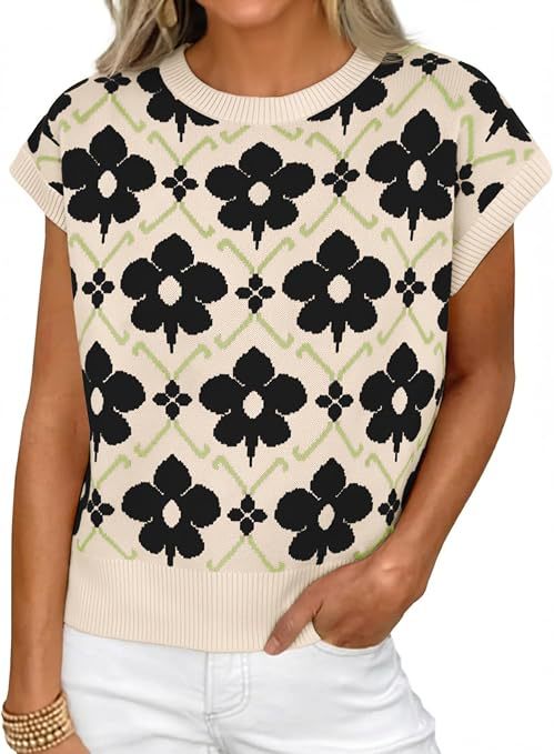 Women's Floral Knit Short Sleeve Sweater Vintage Crew Neck Loose Summer Pullover