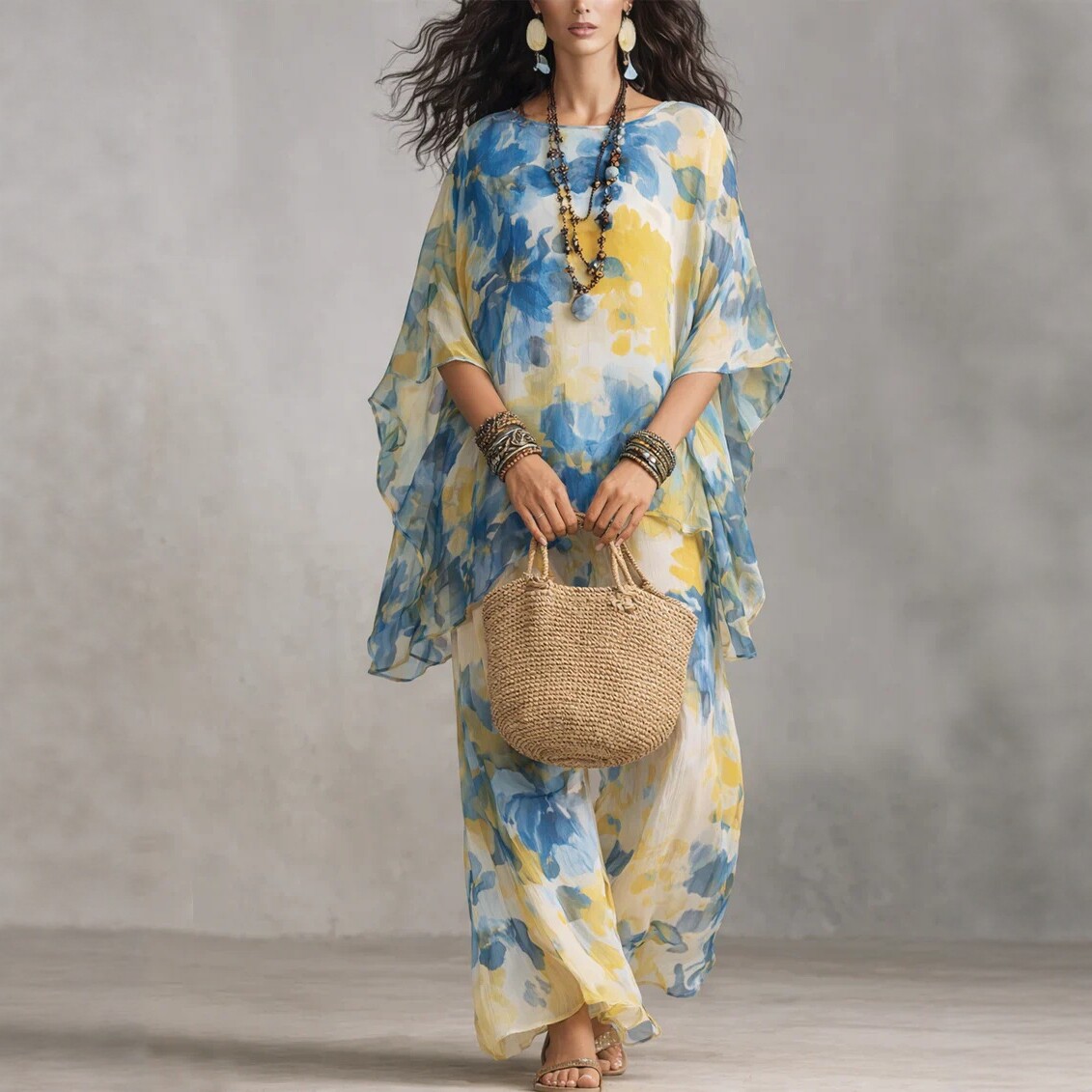 Floral Print Two-Piece Dress Set with Batwing Sleeves and High Waist