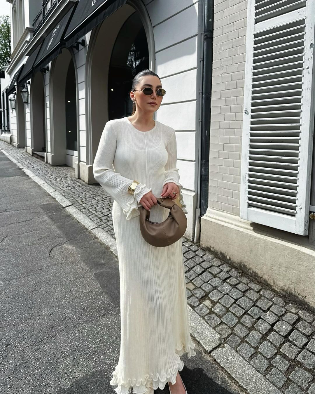 Solid Crewneck Long Sleeve Ruffle Trim Slim Fit Dress