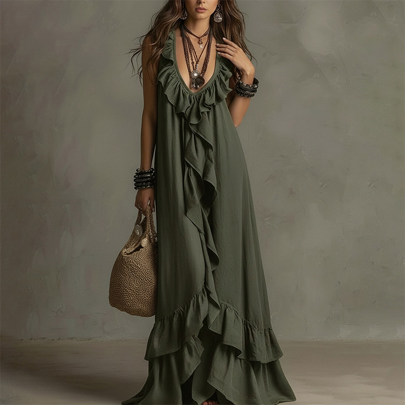 French Vintage Sleeveless Ruffle V-Neck Dress