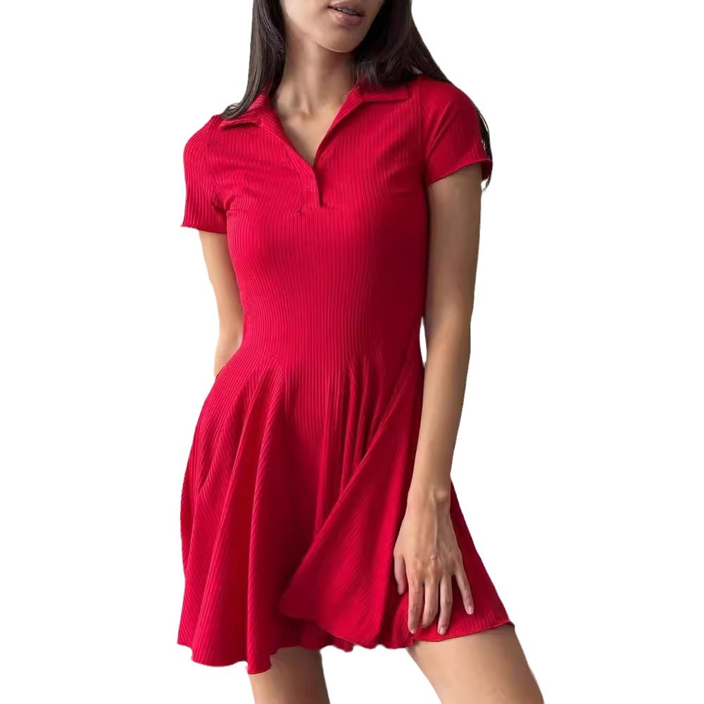 Women's Solid Color Waist-Cinching Polo Collar Shirt Dress Short Sleeve A-Line Midi