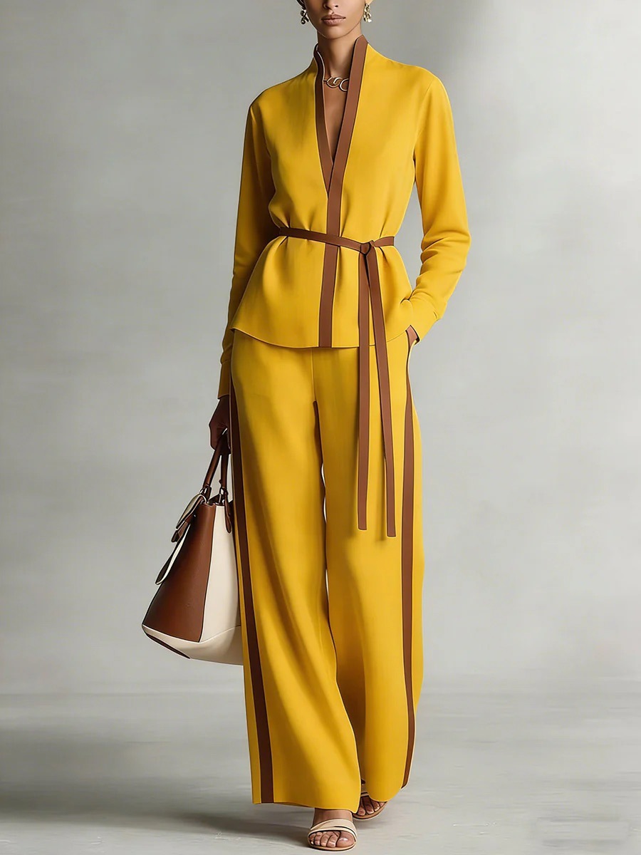 Women's Color-Block Cardigan Shirt and Wide-Leg Pants Two-Piece Set