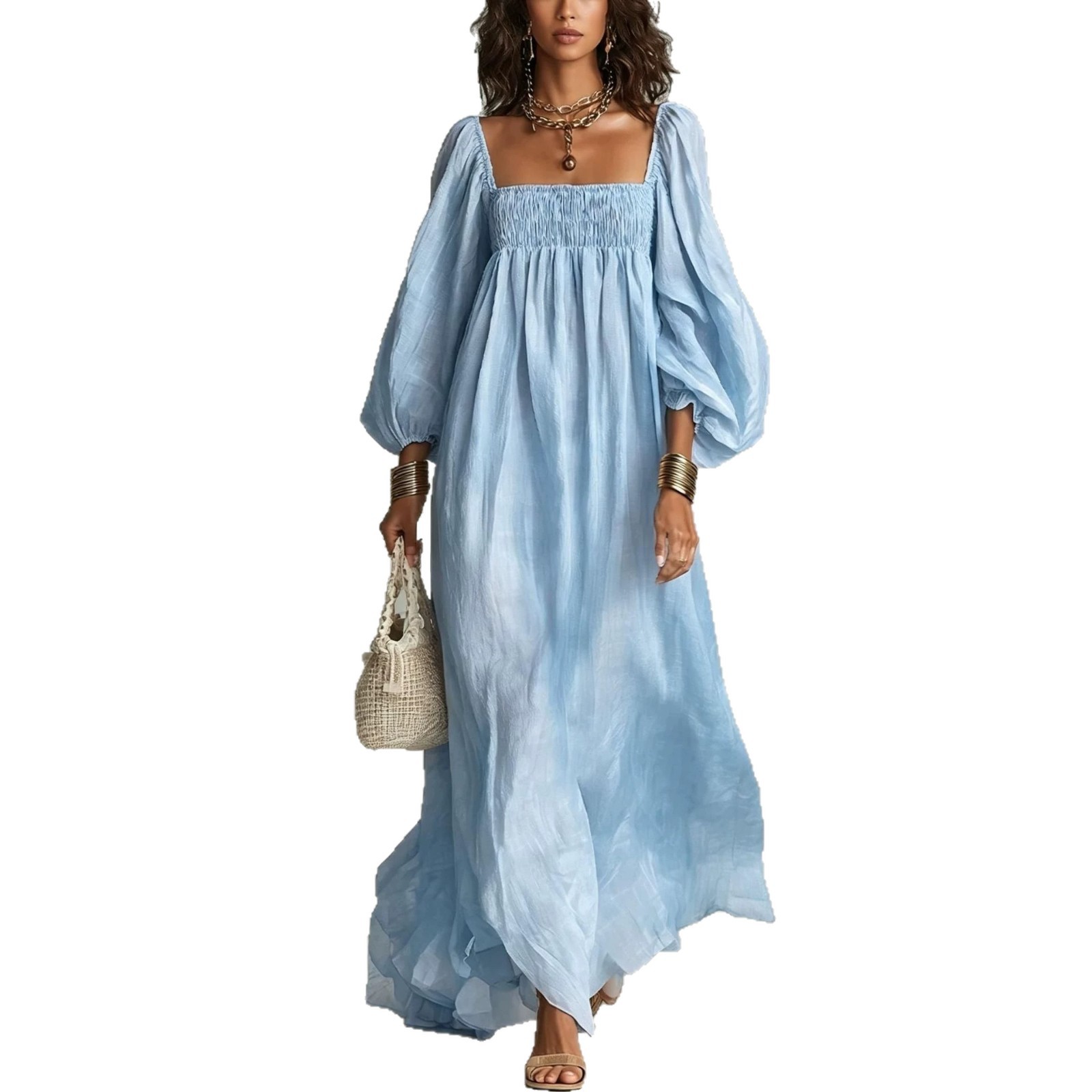 Elegant Square Neck Long Sleeve Loose Vacation Dress