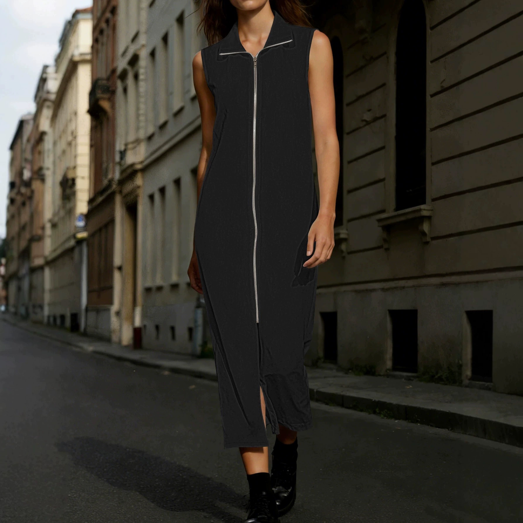 Stand Collar Sleeveless Split Long Dress Solid Loose Fit