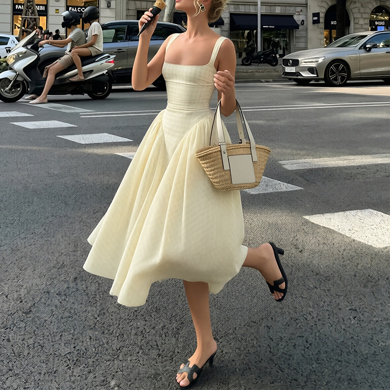Women's Sleeveless Spaghetti Strap French Dress with Waist