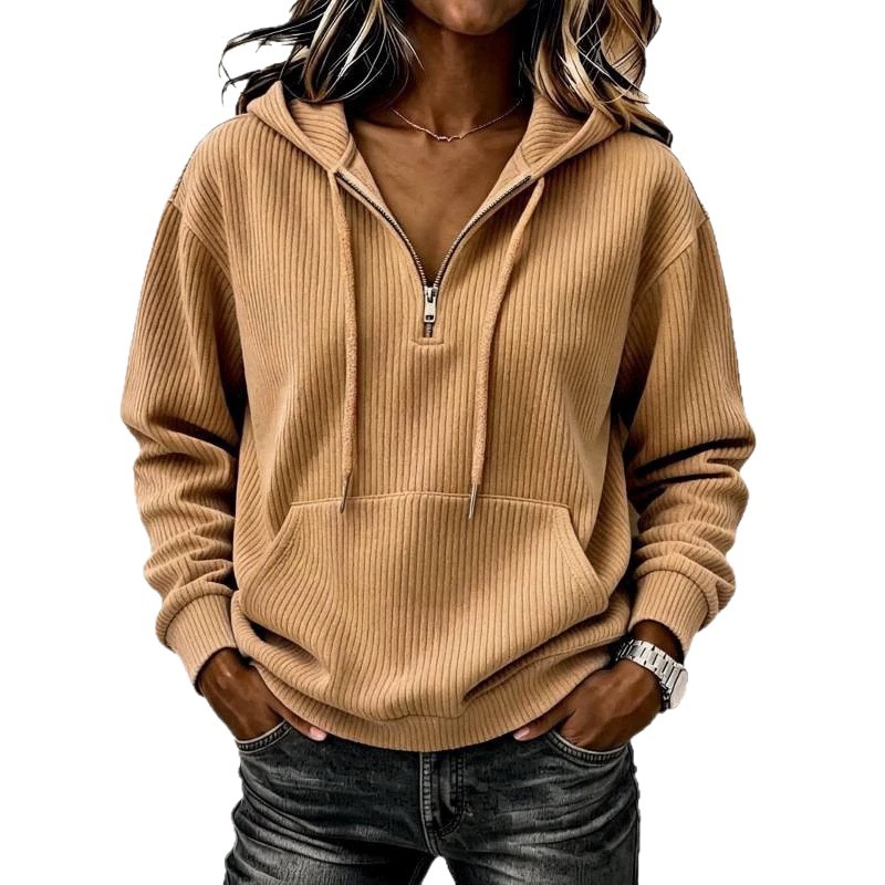 Women's Corduroy Striped Zip-Up Hoodie Retro Casual Long Sleeve