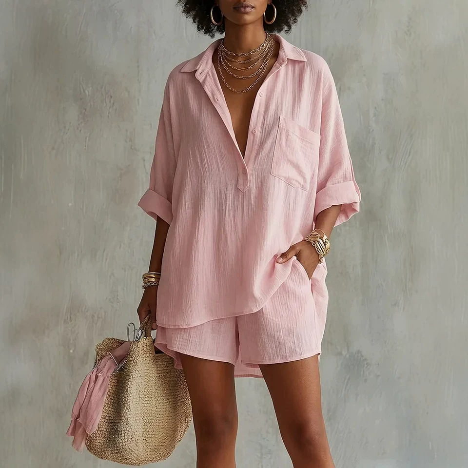 Women's Cotton-Linen Two-Piece Set with Pockets Casual Summer Outfit