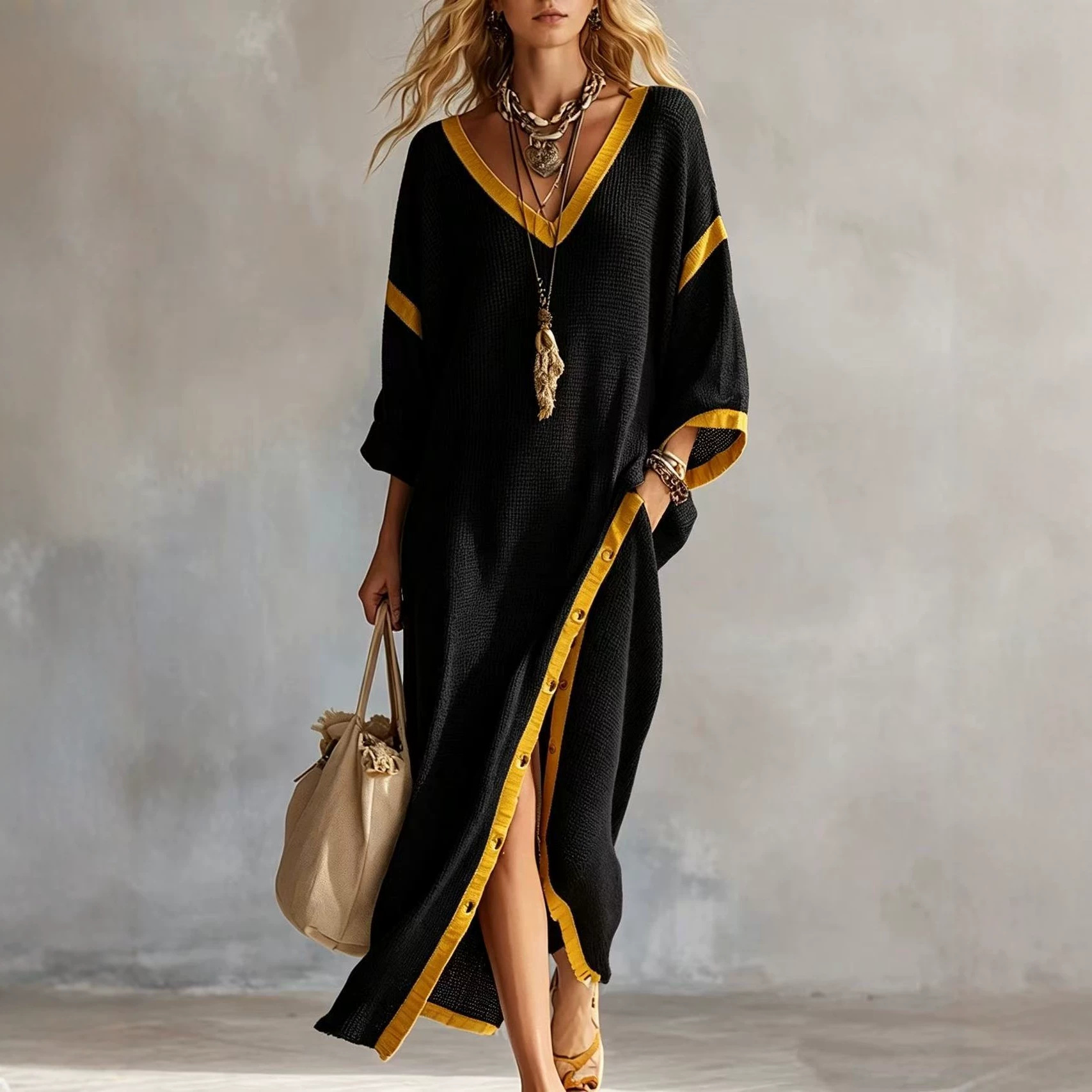 Women's Boho Colorblock Loose Slit Dress